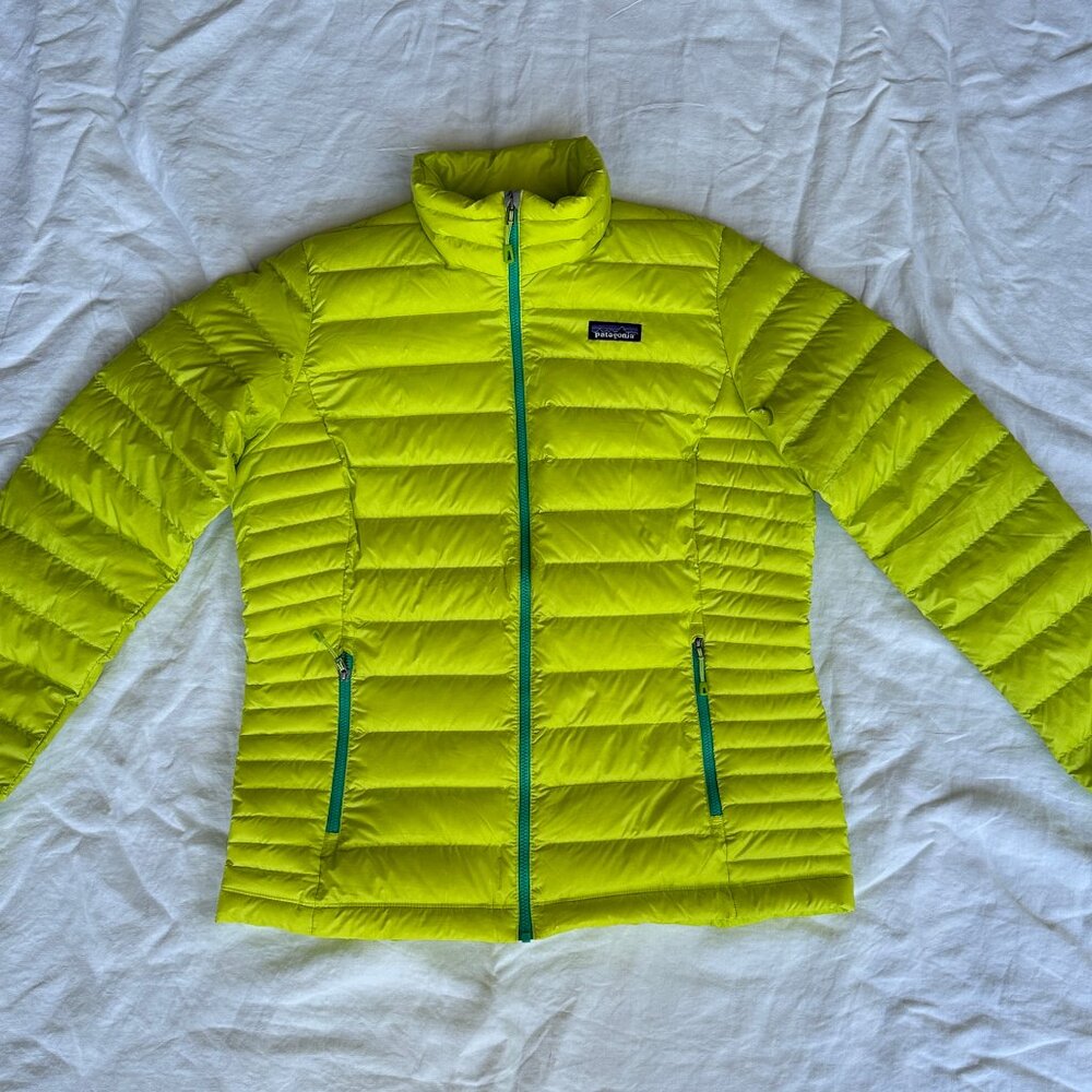 Patagonia Down Sweater Jacket/ Neon Green w Teal Lining / Women LG / LIKE NEW!